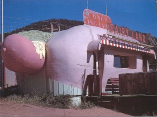 They better serve good hot dogs! Featured is a postcard image of Coney Island Dairy Land in Aspen Park, CO.  Photo by John Margolies.  The original over-sized and unused postcard is for sale in The unltd.com Store.